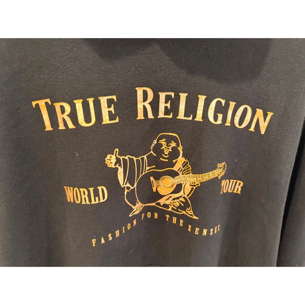 True Religion‎ Hoodie Black Gold Logo World Tour Pullover Large